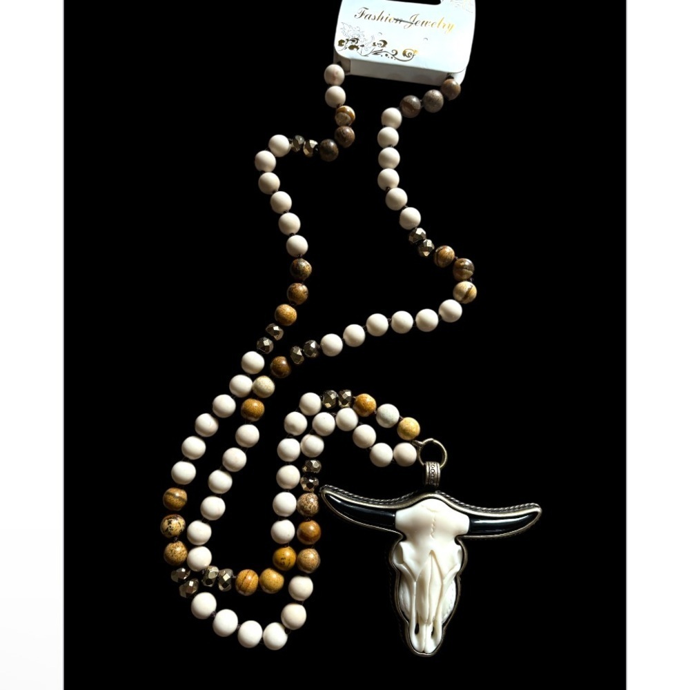 Artisan Crafted Long Beaded Steer Necklace NWT